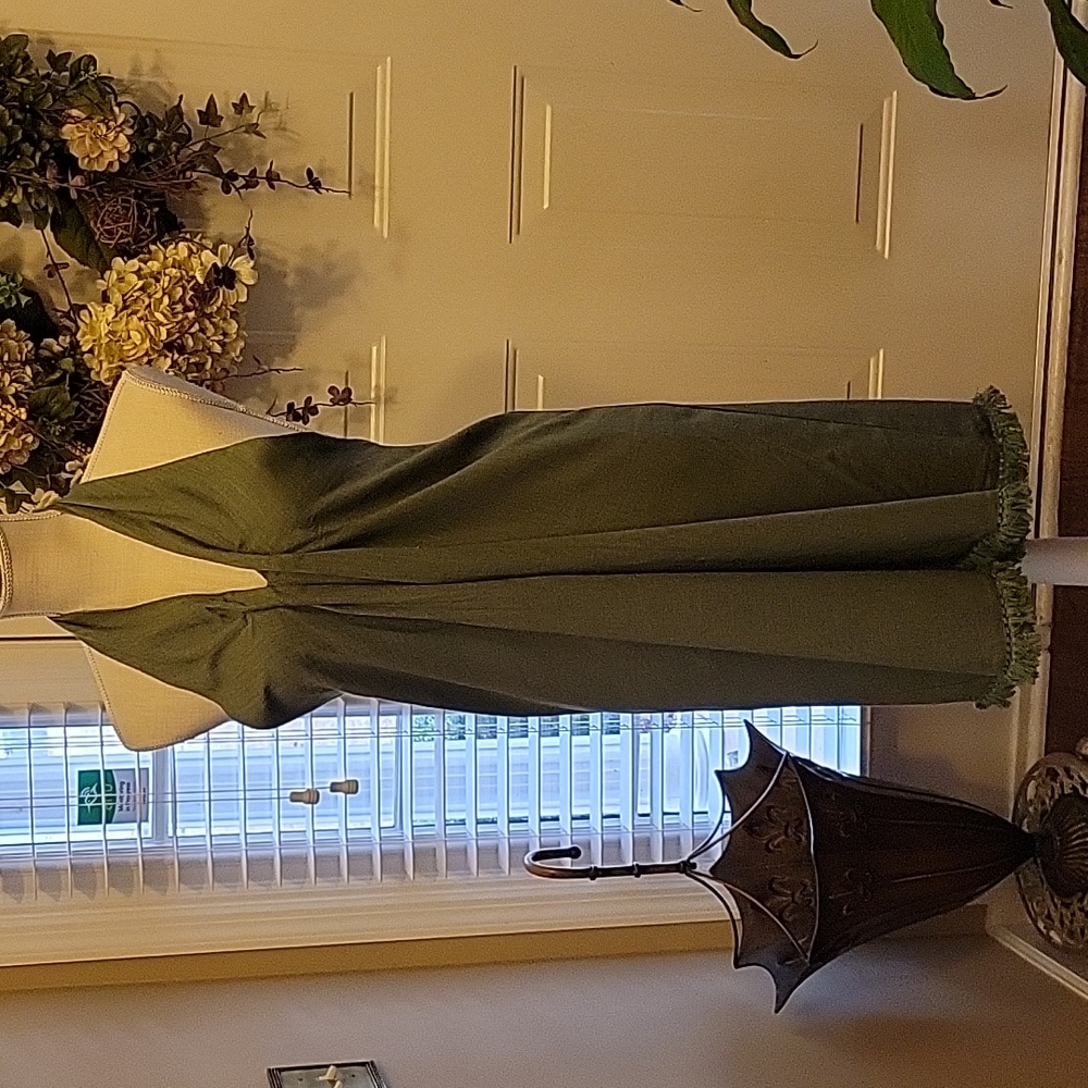 Easel sage green linen blend halter Vneck dress fringe hem Large New with tags …